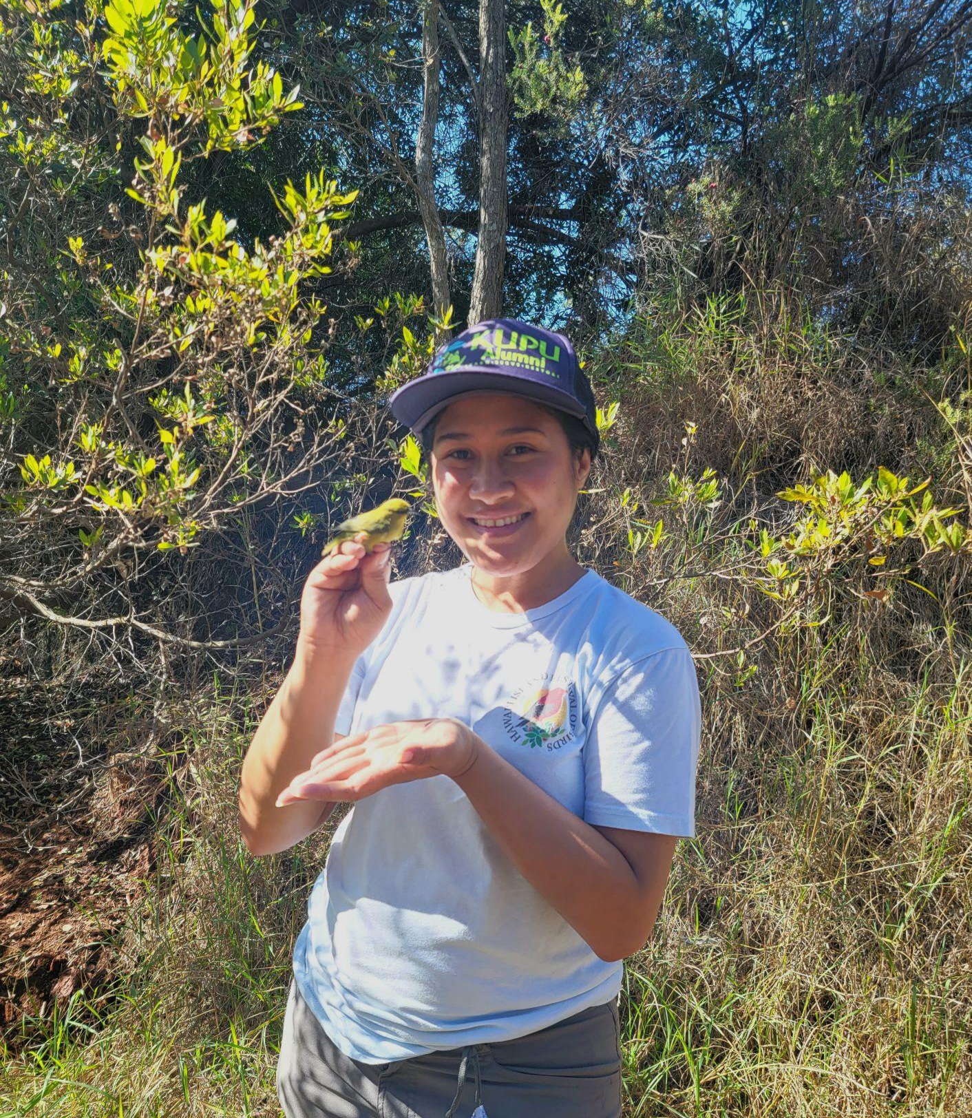 Josie stands in a native forest holding a Hawaiʻi ʻamakihi, a little yellow honeycreeper