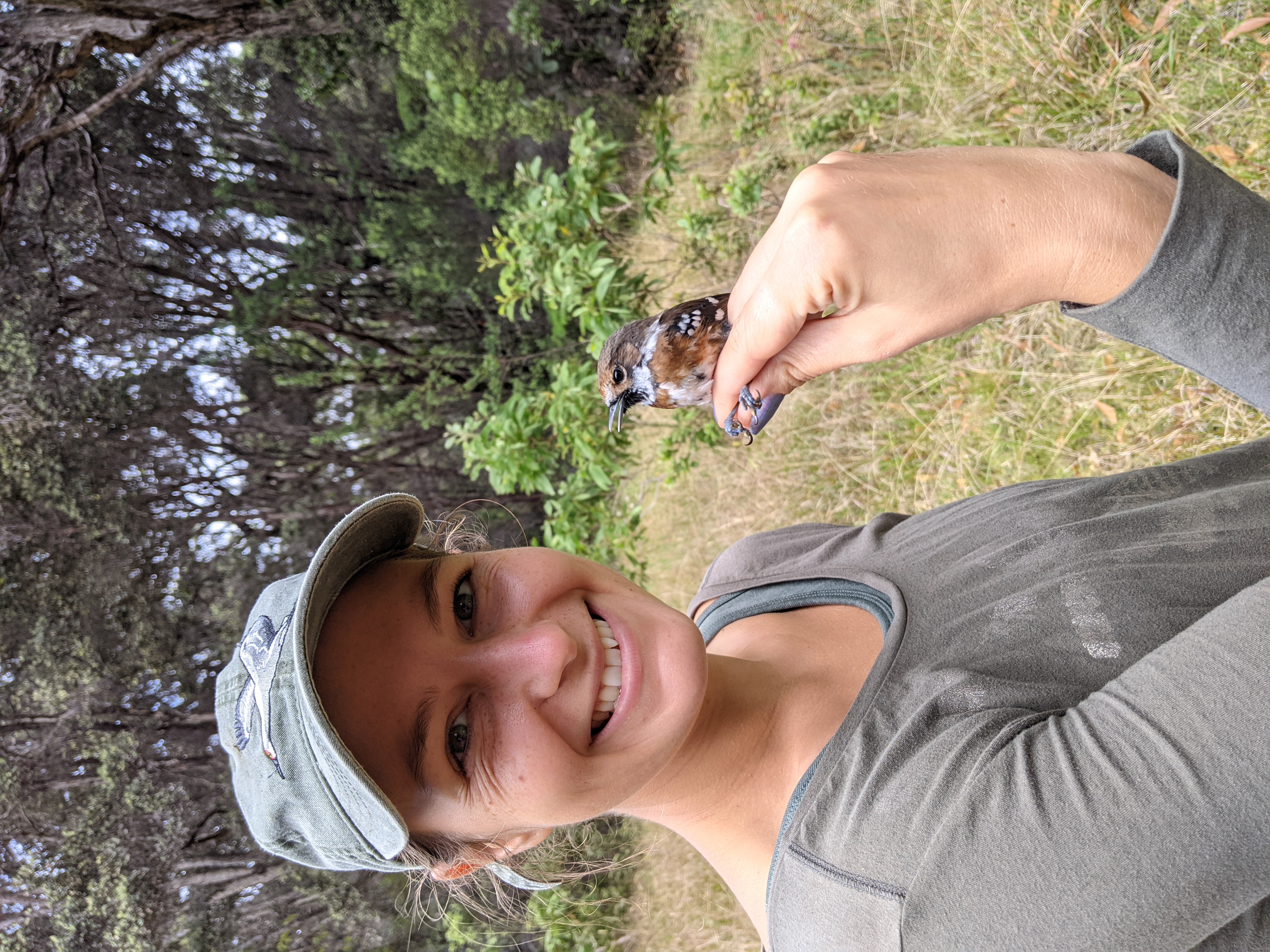 Young woman in a baseball cap holds up an Elepaio bird