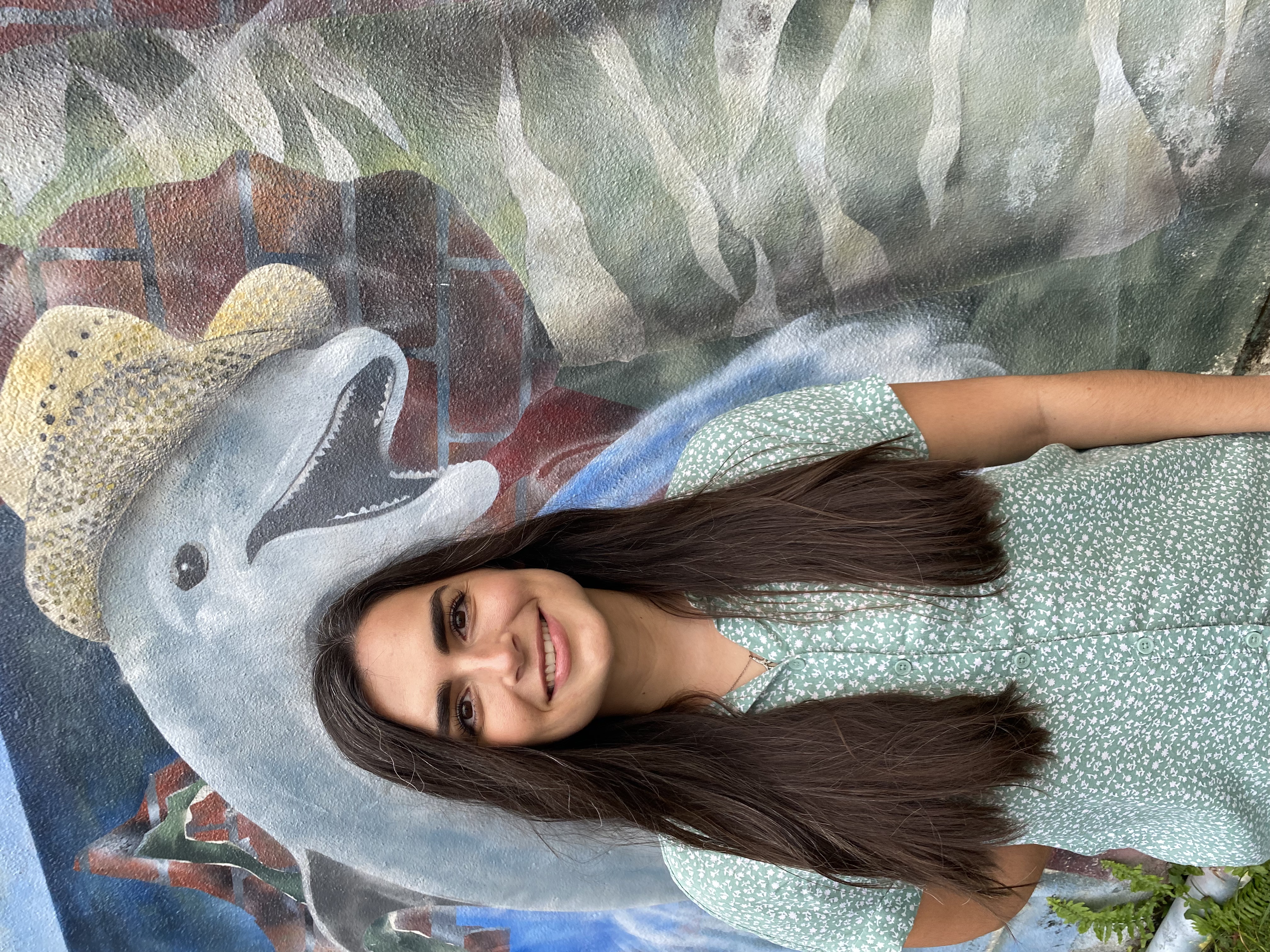 Young woman with long brown hair stands in front of a painting of a dolphin wearing a cowboy hat
