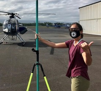 Aloha holds up a pole and throws a shaka with a helicopter in the background