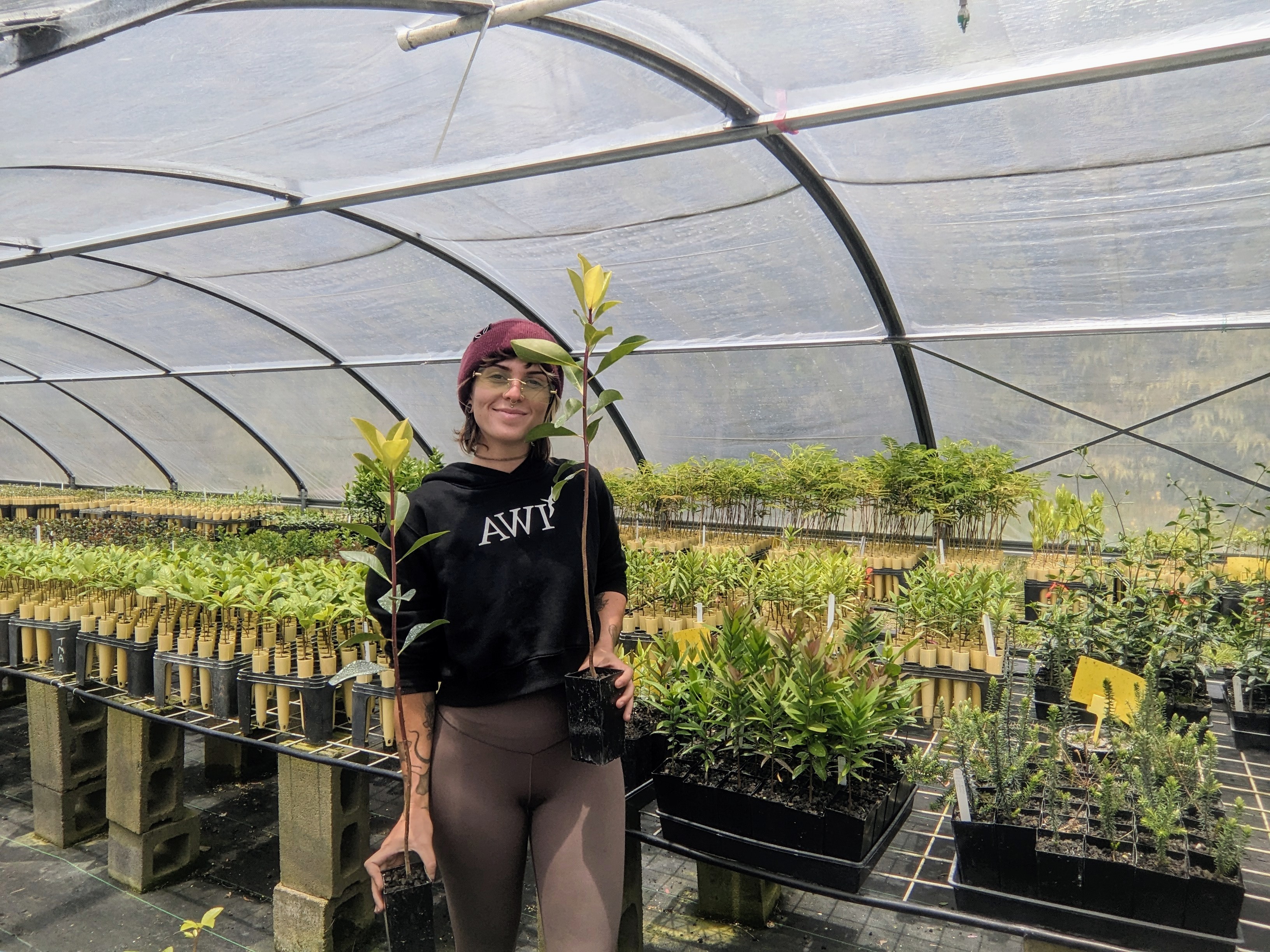 Hanna standing in a greenhouse surrounded by seedlings