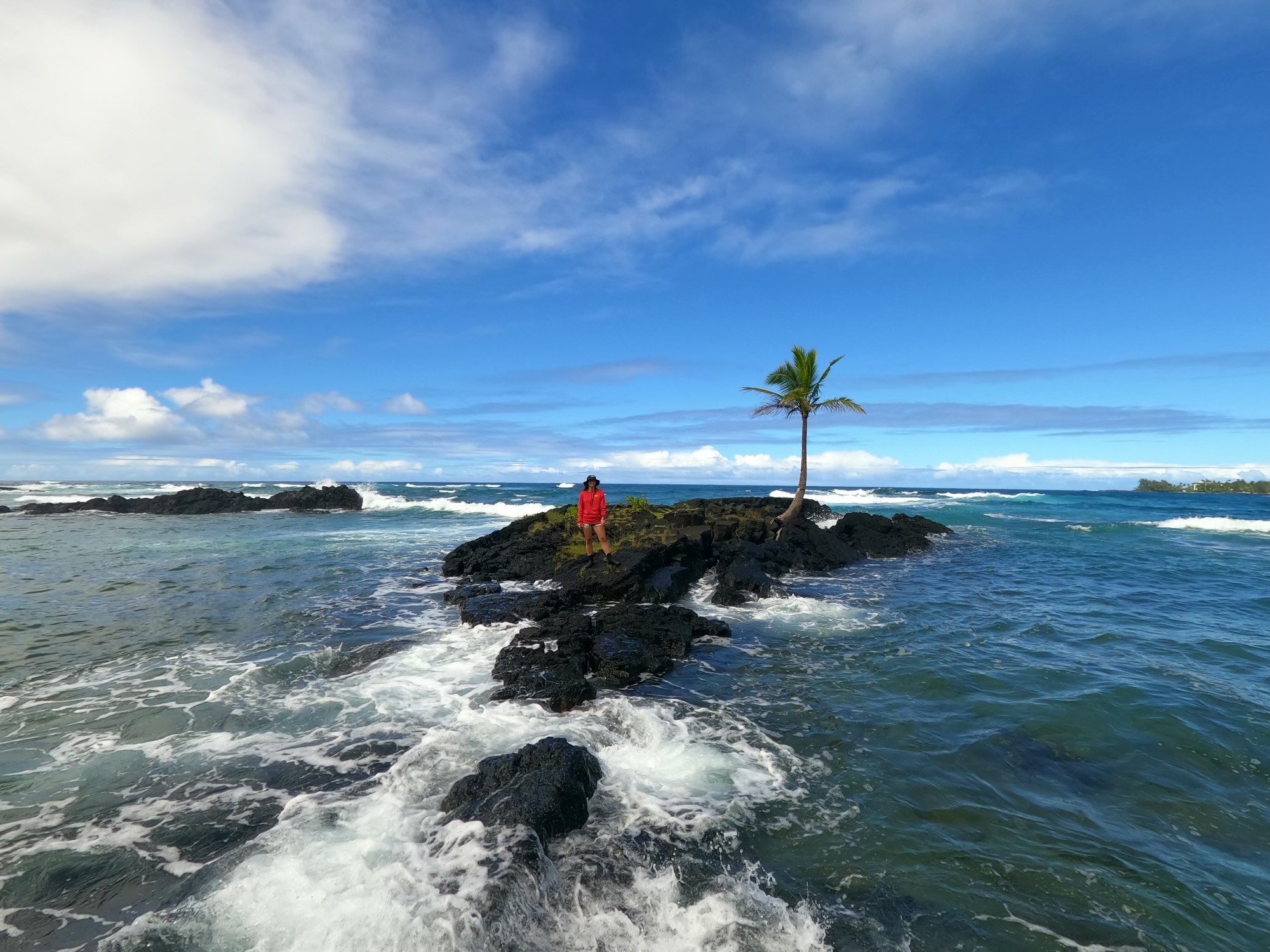 Bri stands on a tiny island of rocks off the coast with a singular palm tree, surrounded by water